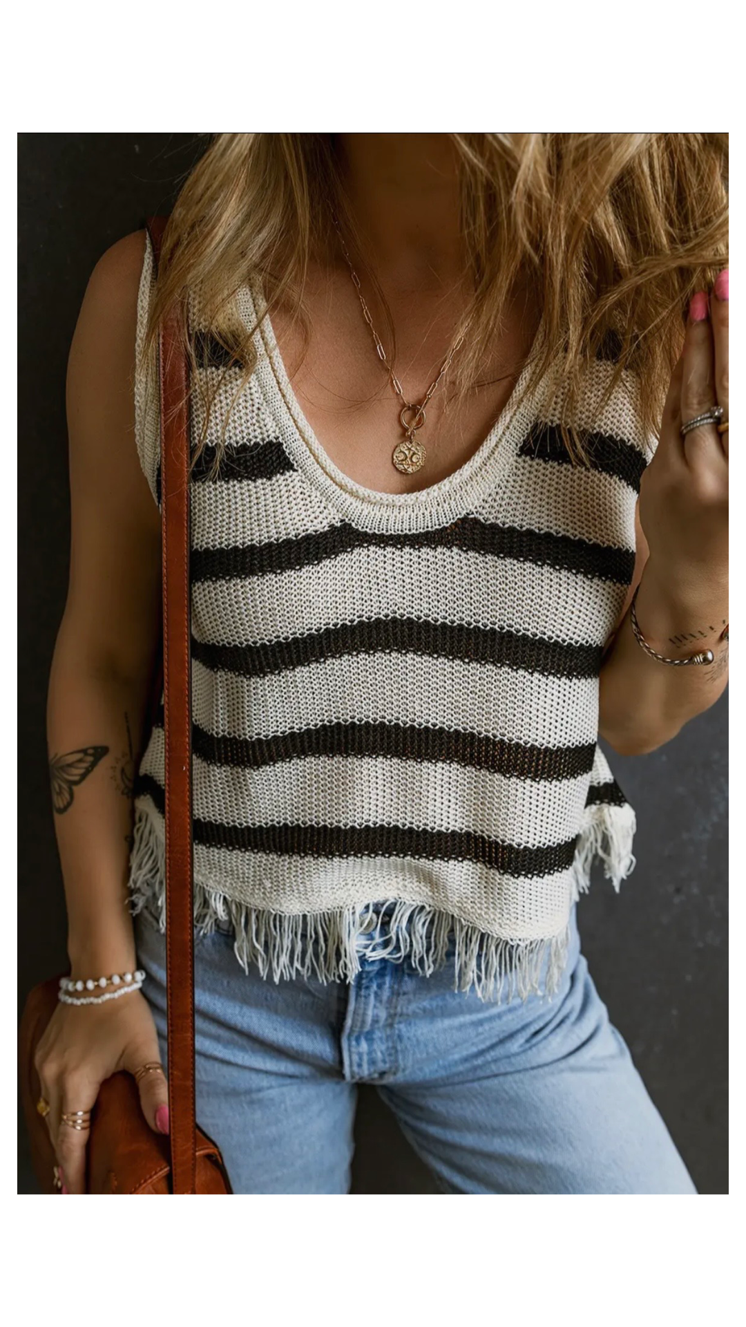 Beige Stripe Loose Knit Fringe Tank Top