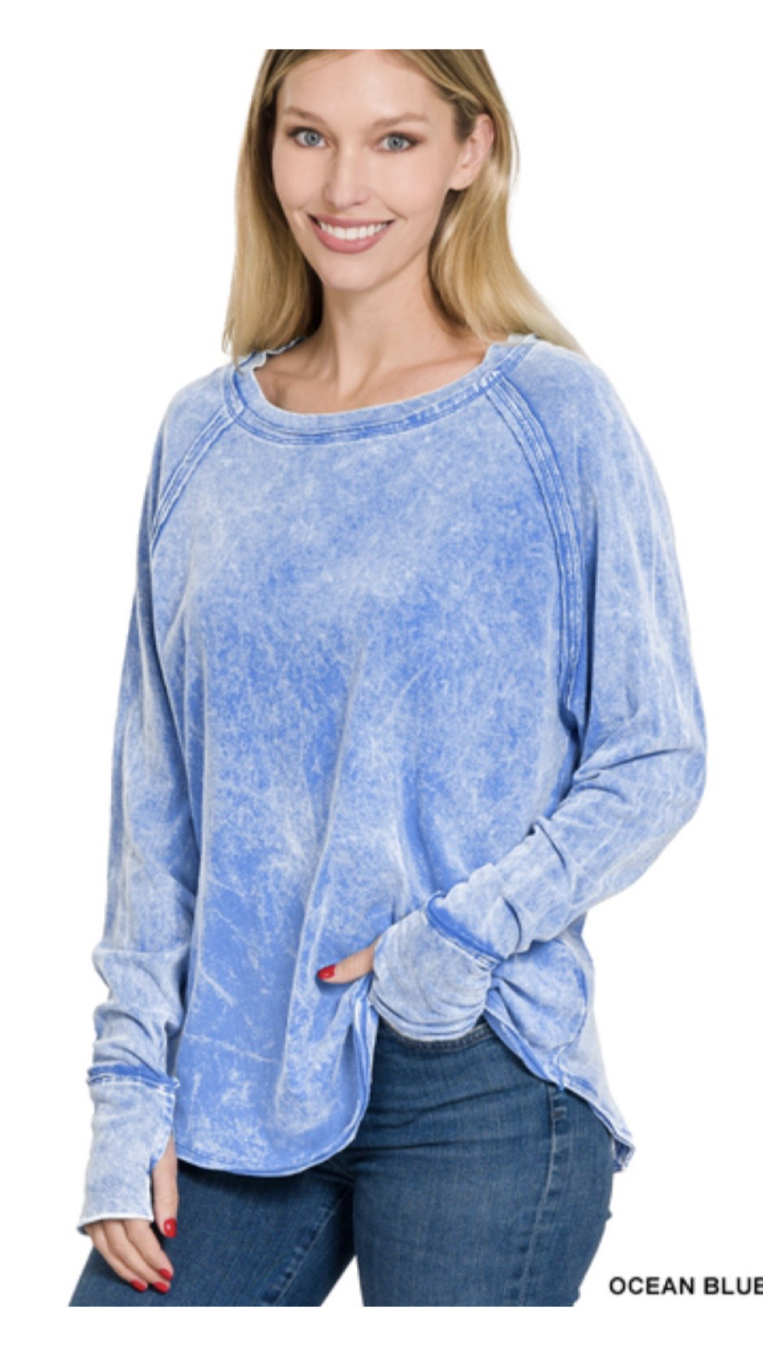 Acid Washed Scoop-Neck Thumb Hole Long Sleeve Top