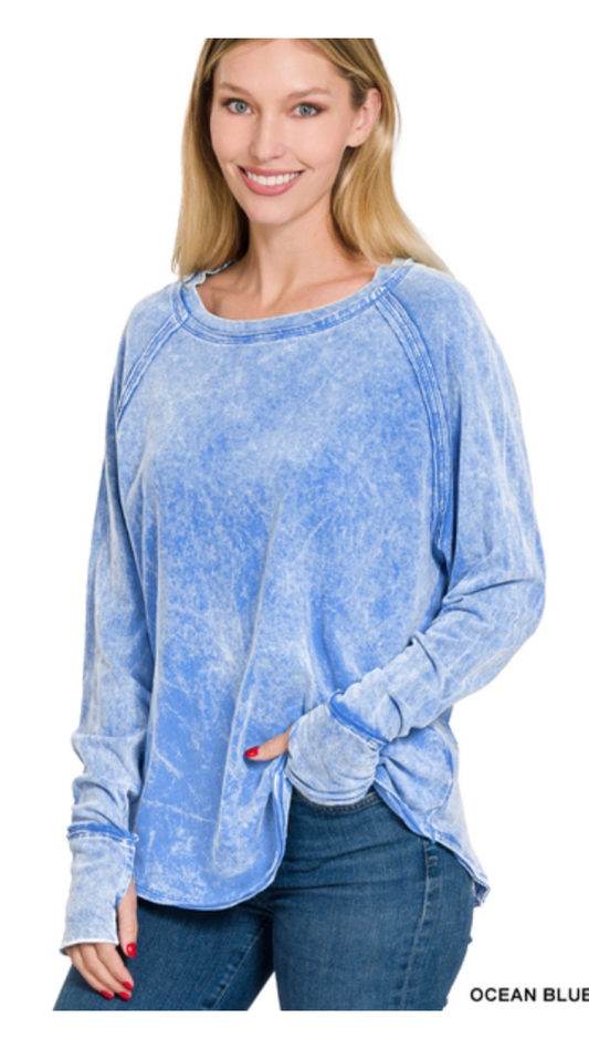 Acid Washed Scoop-Neck Thumb Hole Long Sleeve Top